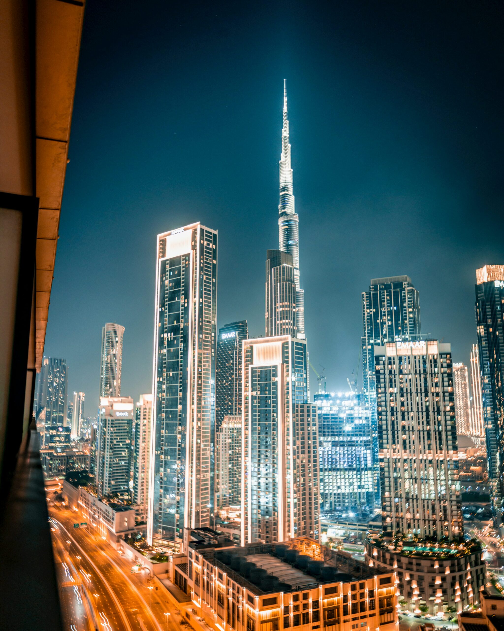 Dubai skyline at night with Burj Khalifa for Hyderabad to Dubai flight guide