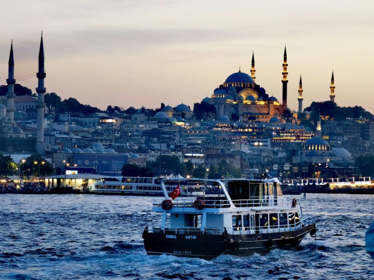 Passenger ferry on the Golden Horn below the Suleymaniye Mosque in Istanbul