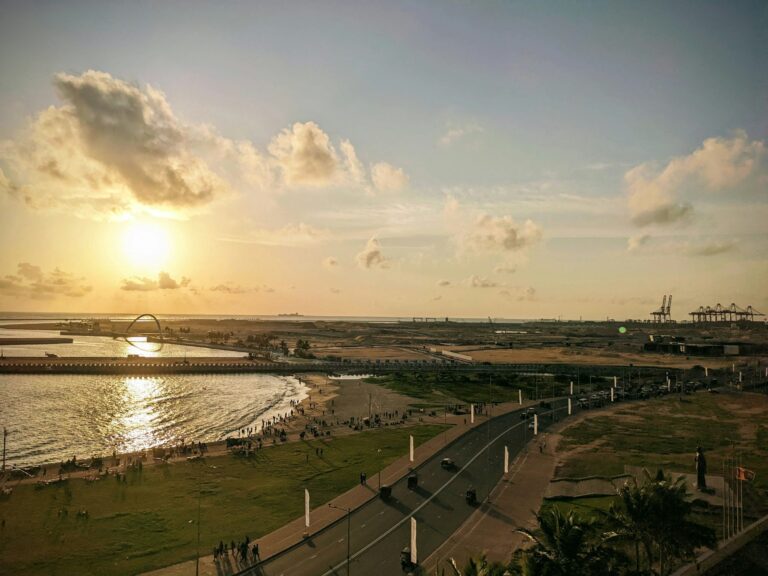Sunset over Galle Face Green and the Colombo seafront in Sri Lanka