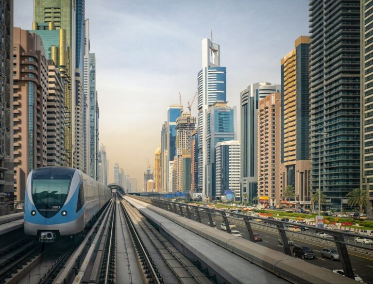 Dubai Metro Red Line train on the elevated track beside Sheikh Zayed Road skyscrapers